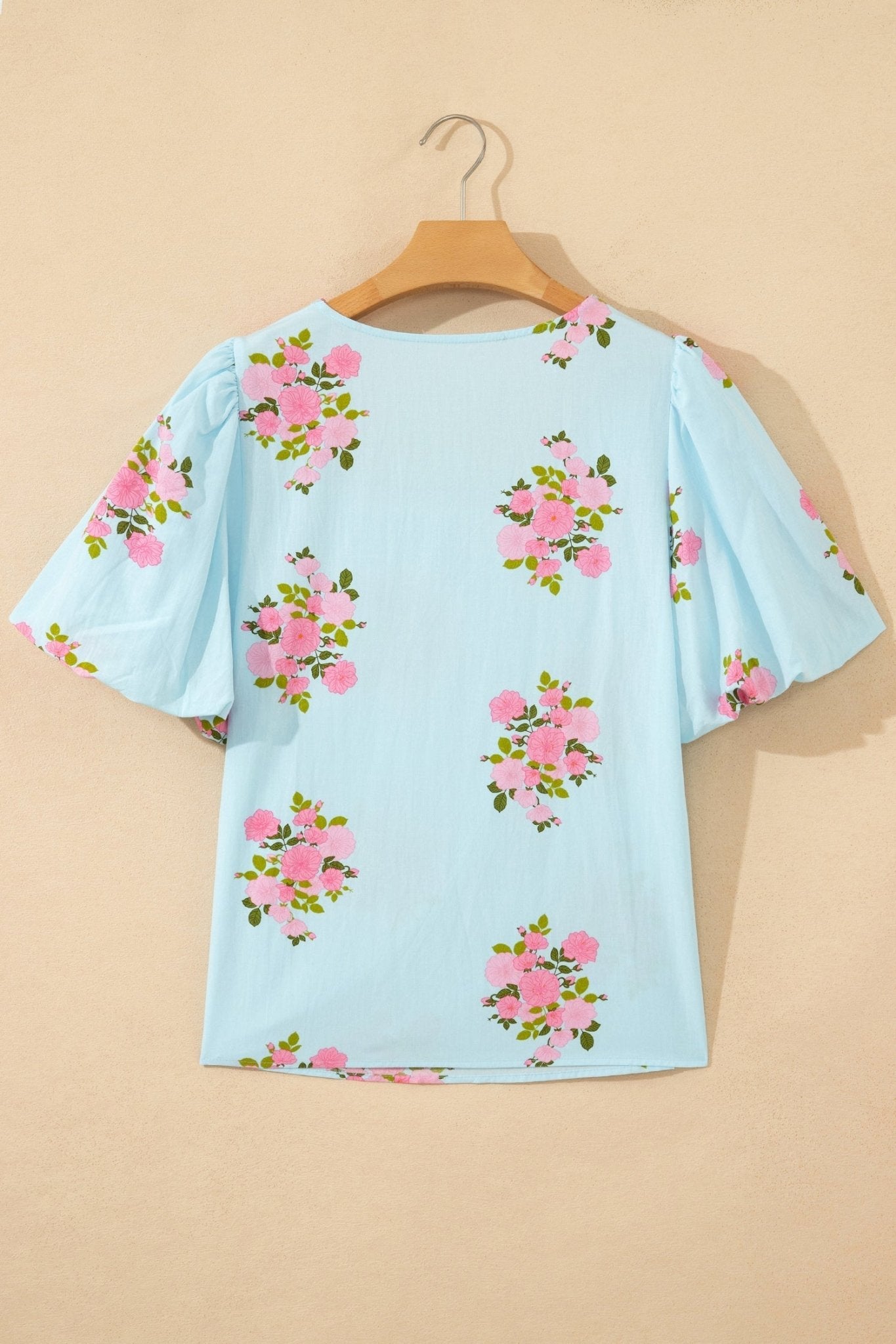 Sky Blue Floral Printed Contrast Ricrac Detail Bubble Sleeve Blouse - Loving It Shop