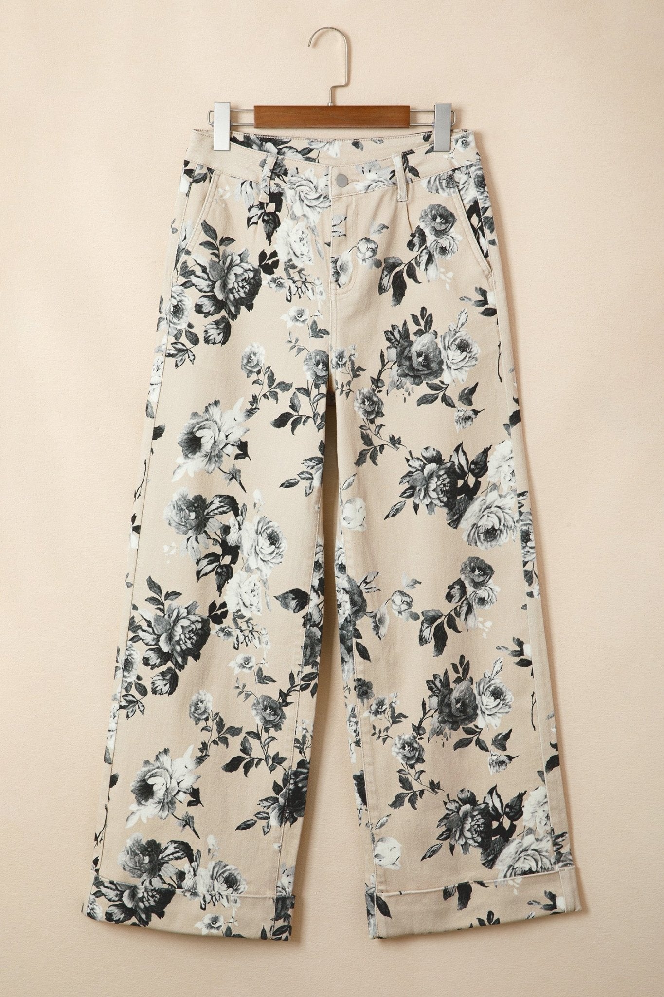 Beige Retro Floral Print Turn - up Cuffed Hem Loose Jeans - Loving It Shop