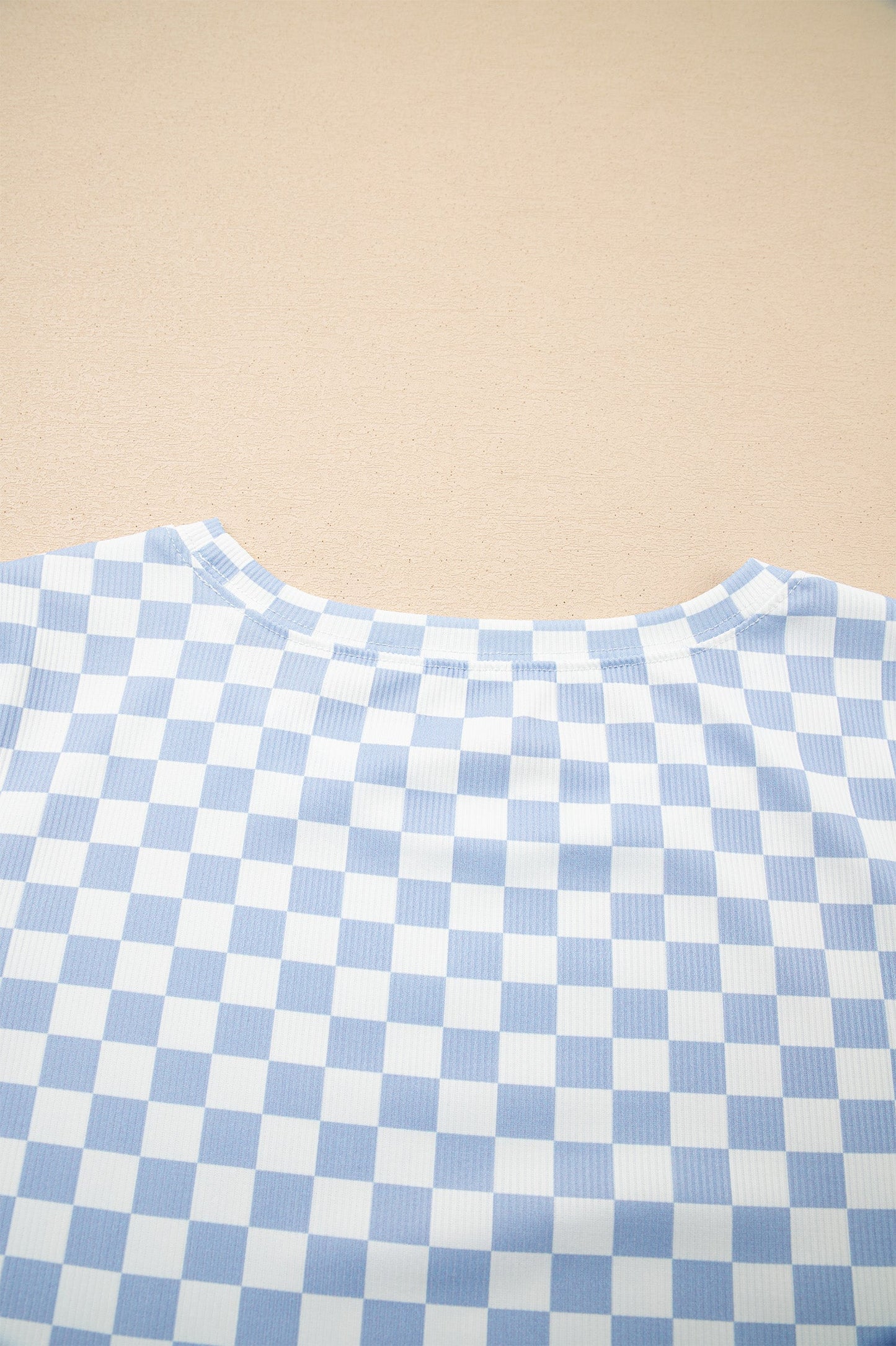 Sky Blue Checkered Ribbed Slim Fit Crew Neck T Shirt