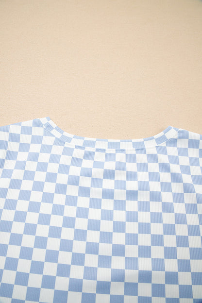 Sky Blue Checkered Ribbed Slim Fit Crew Neck T Shirt