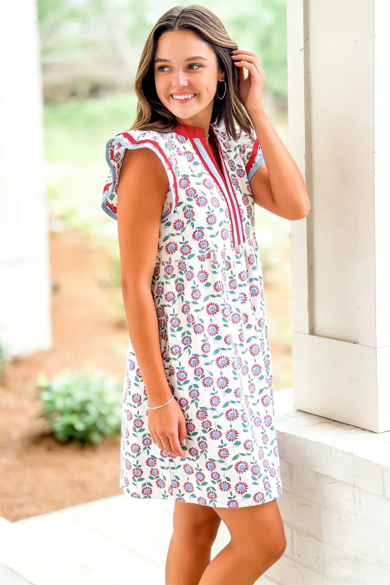 Red Floral Print Contrast Trim Flutter Sleeve Mini Dress - Loving It Shop