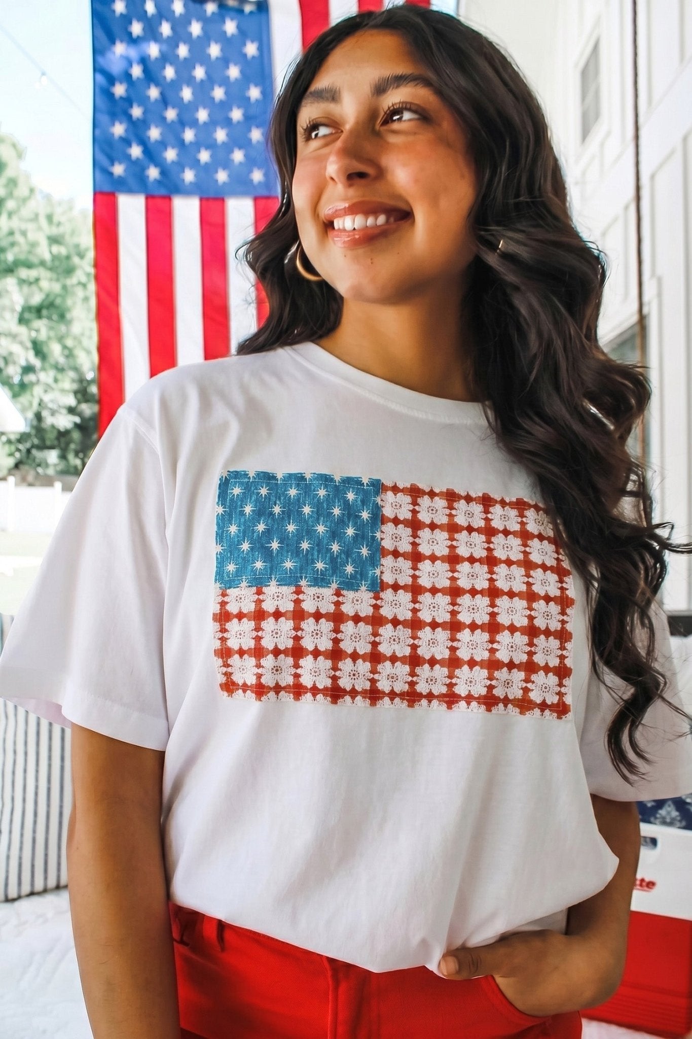 White Fancy Embroidered Patch Flag Casual T Shirt - Loving It Shop