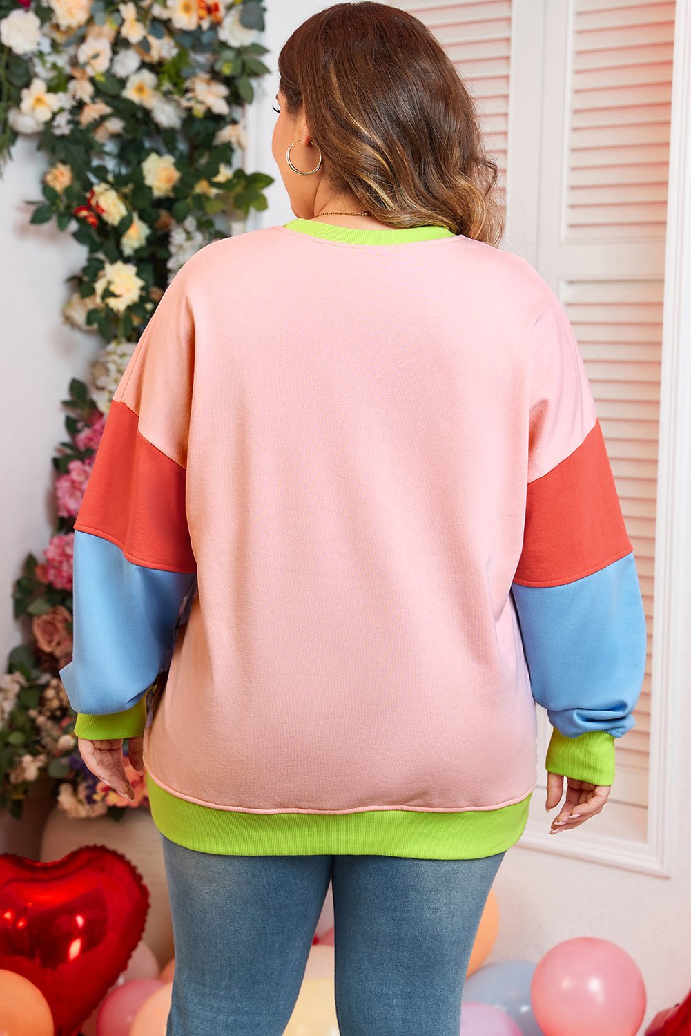 Light Pink Plus Size Colorblock Patchwork Crew Neck Sweatshirt - Loving It Shop