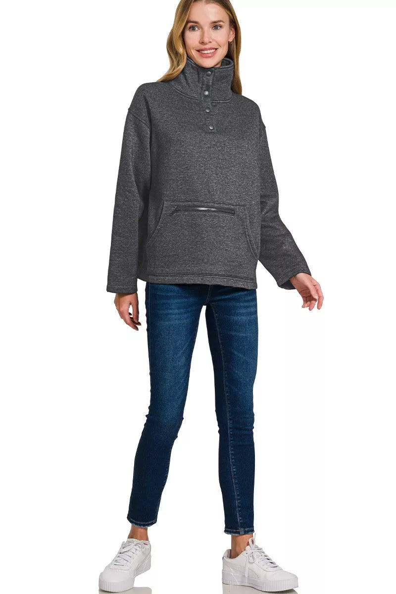 Fleece Washed High Neck Kangaroo Pocket Sweatshirt