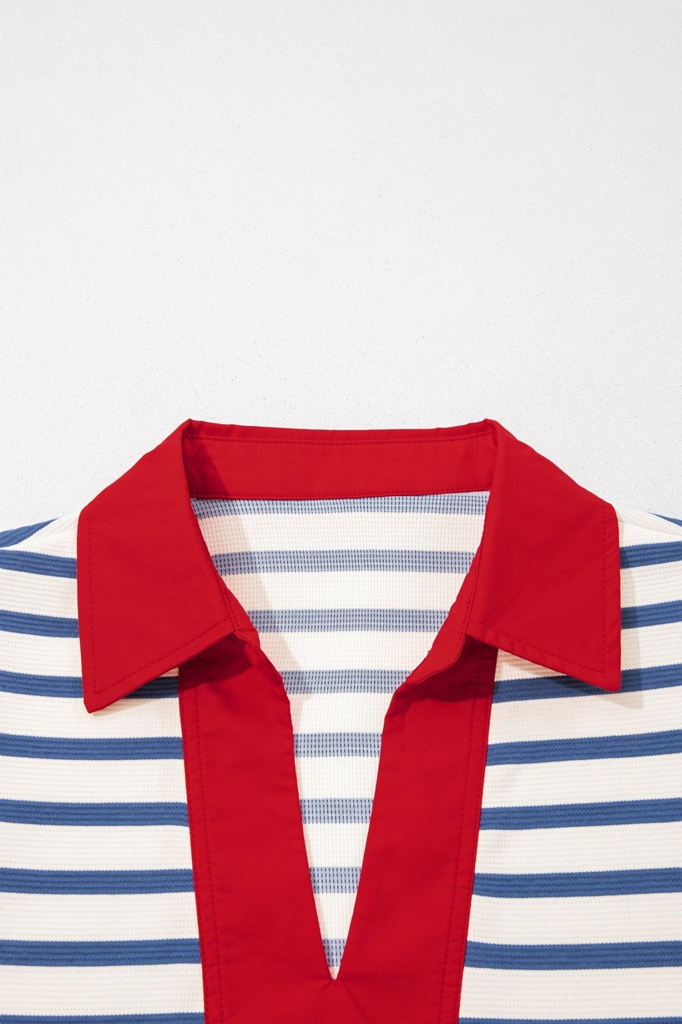Blue Stripe Short Puff Sleeve Color Block Polo Collar Blouse - Loving It Shop