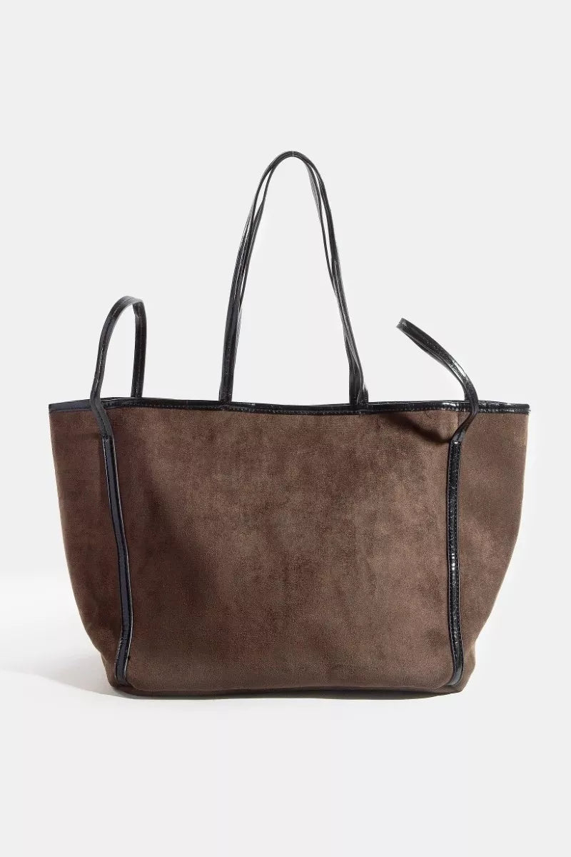 Suede Tote Faux Leather Trim Shoulder Strap