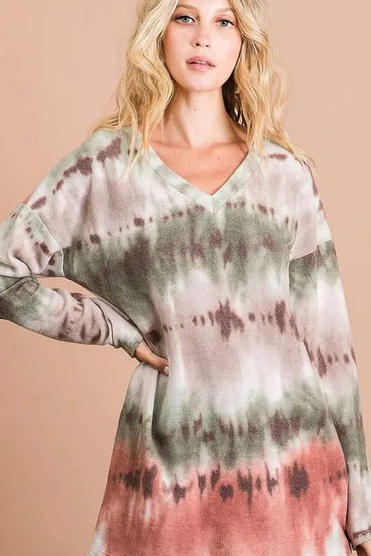 Brushed Tie Dye Looking Print V Neck Top
