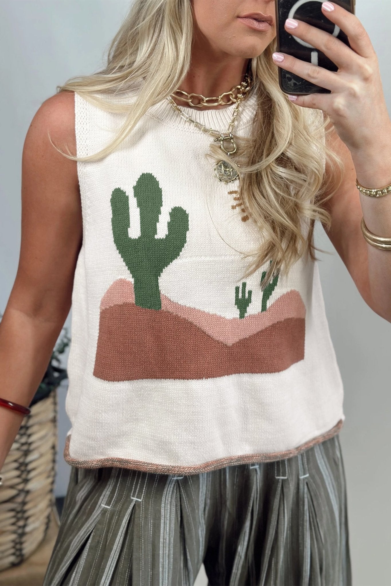 Multicolour Cactus Western Oasis Loose Sweater Vest - Loving It Shop