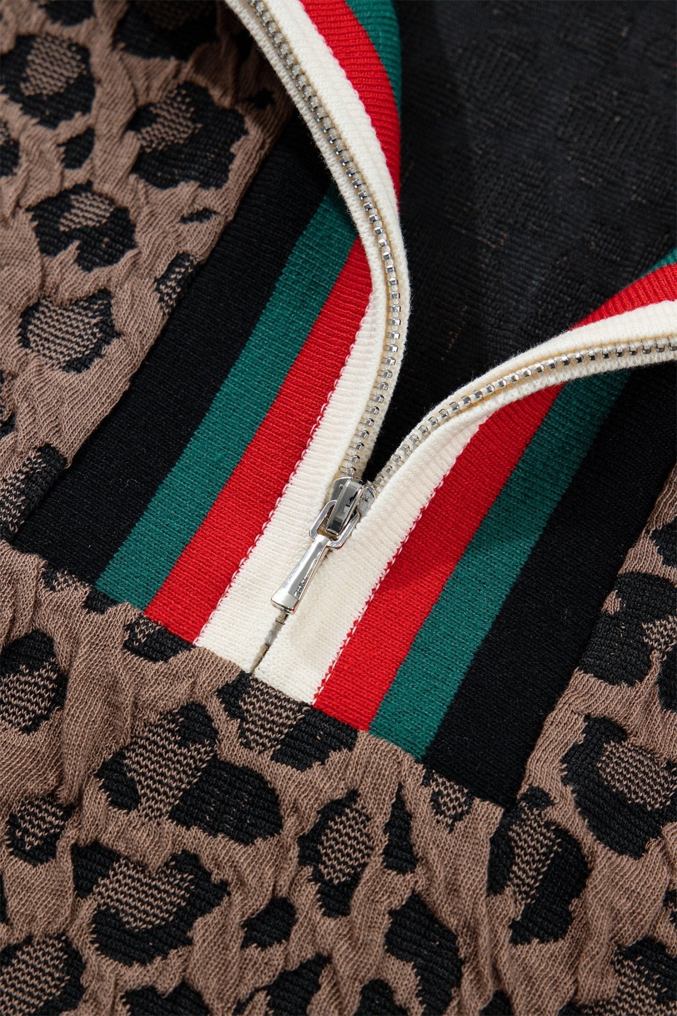Brown Leopard Jacquard Striped Patchwork Half Zip Short Sleeve Blouse - Loving It Shop