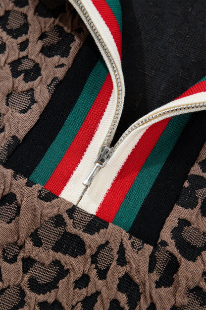 Brown Leopard Jacquard Striped Patchwork Half Zip Short Sleeve Blouse - Loving It Shop