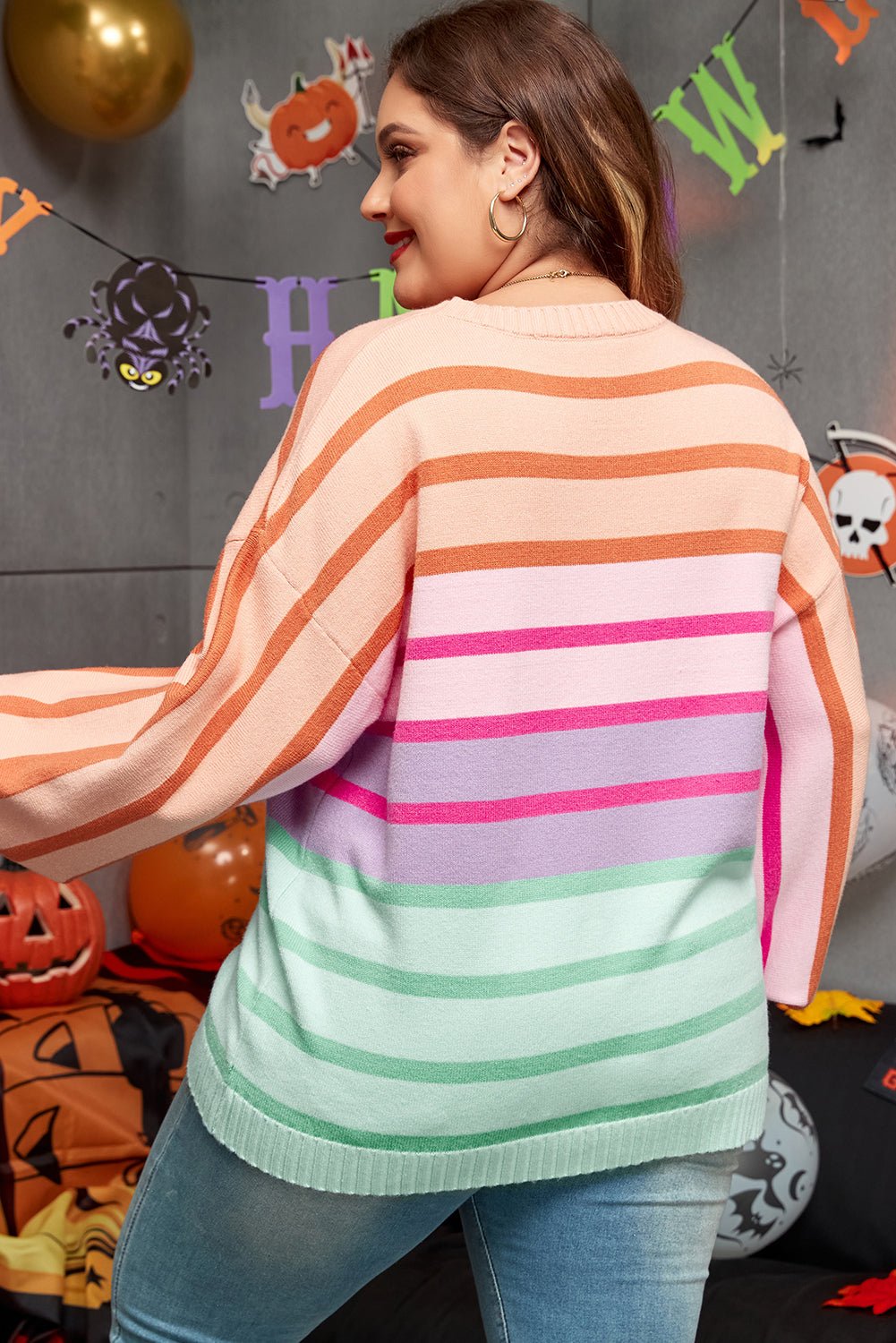 Pink Stripe Color Block Balloon Sleeve Crewneck Plus Size Sweater - Loving It Shop
