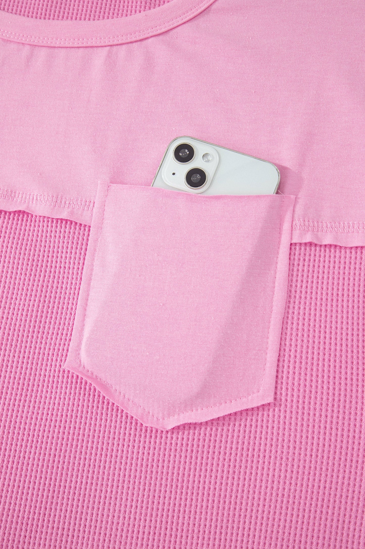 Pink Solid Color Raw Seam Waffled Patchwork Casual T Shirt