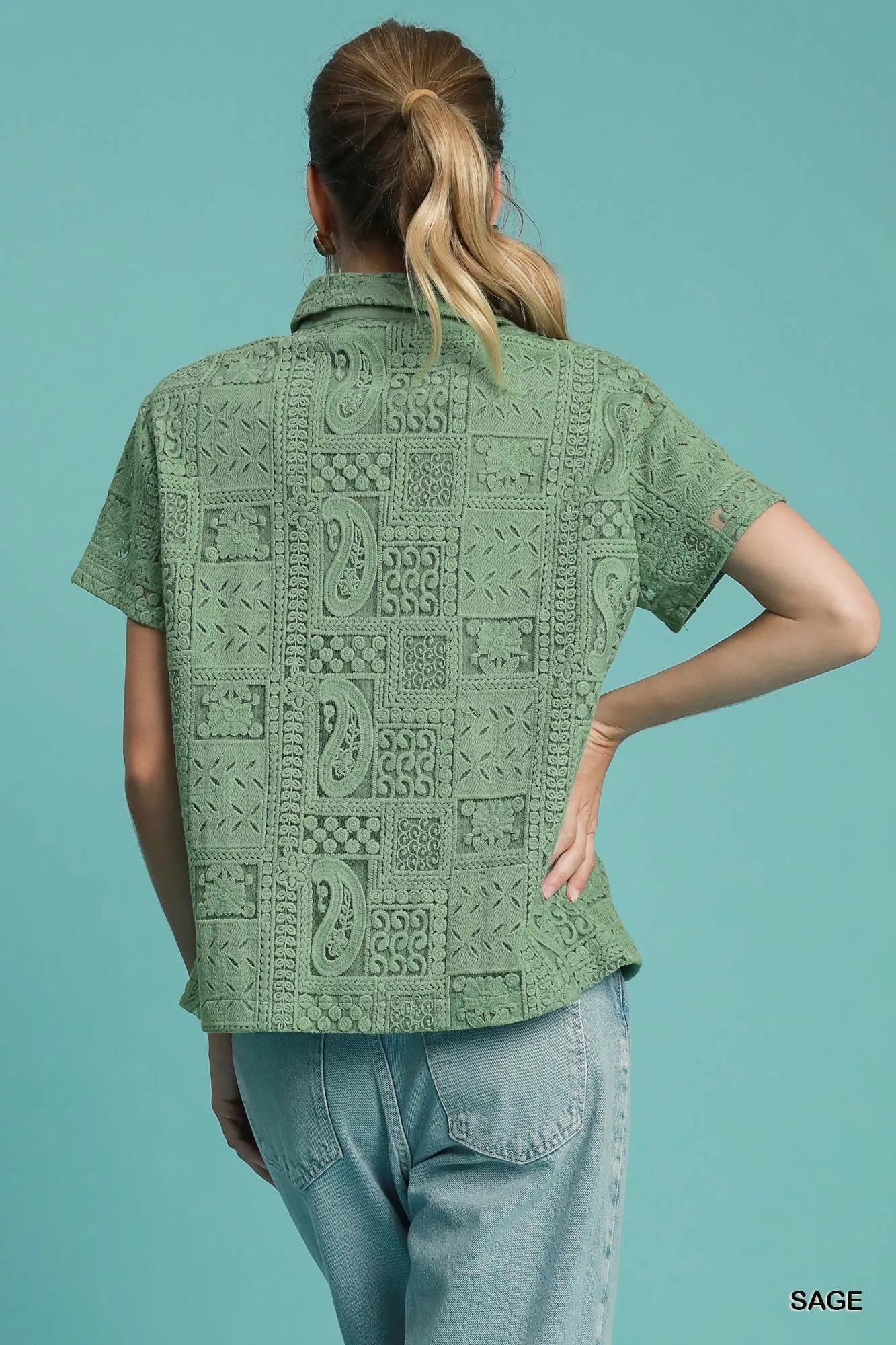 Patch Lace Short Sleeve Button Down Shirt
