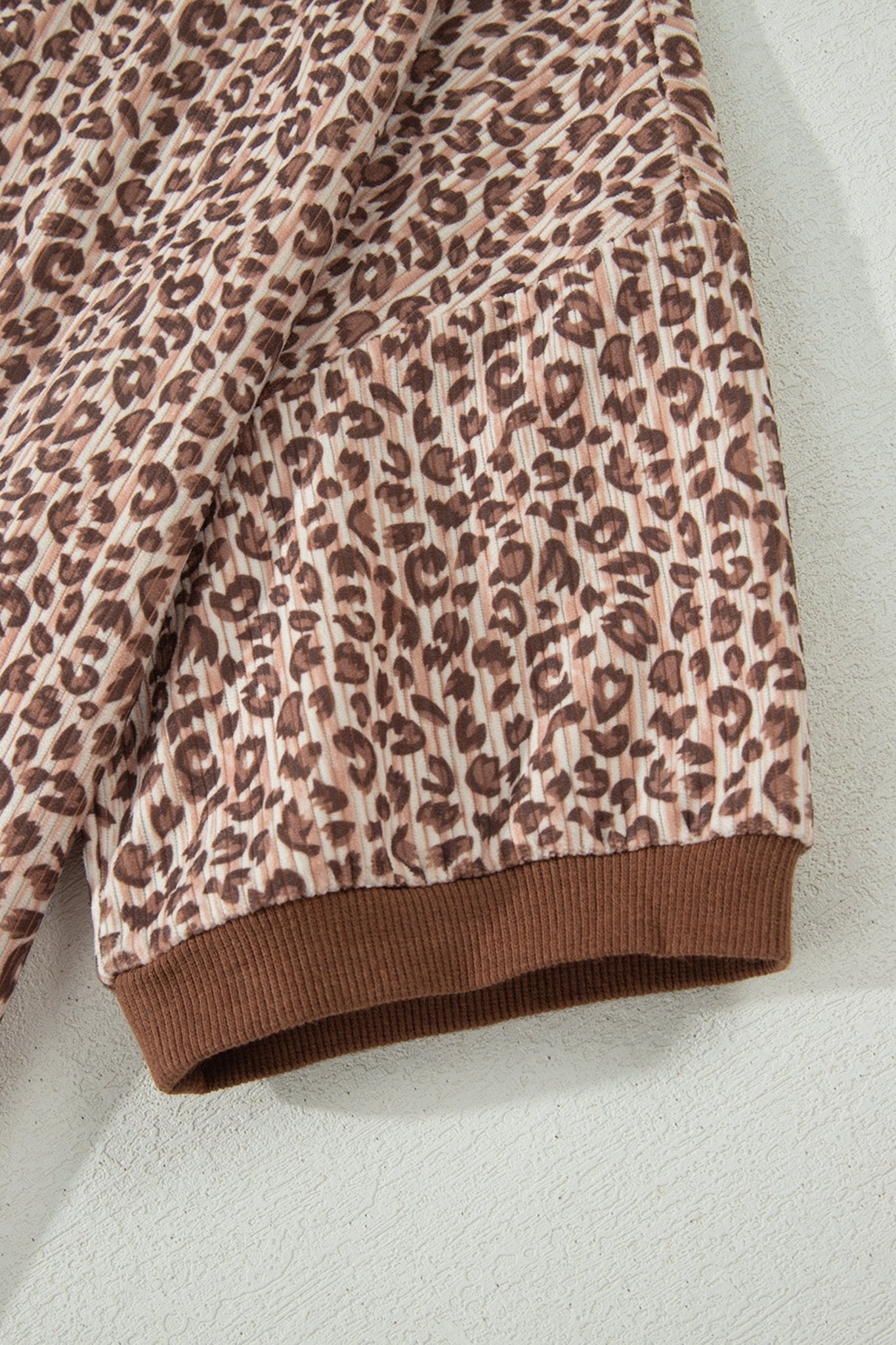 Brown Leopard Print Ribbed Patchwork Half Button Loose Tee Elastic Waist Short 2pcs Set - Loving It Shop