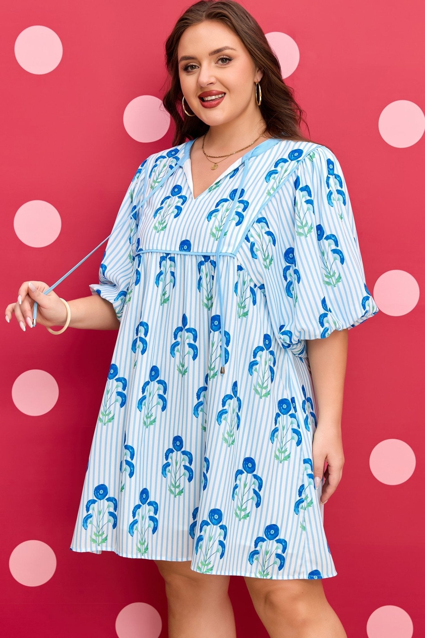 Sky Blue Floral Striped Bubble Short Sleeve Plus Size Dress - Loving It Shop
