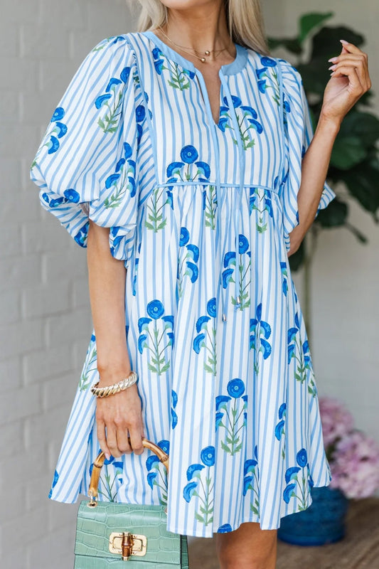 Sky Blue Floral Striped Print Tie Notched Neck Puff Sleeve Flared Mini Dress - Loving It Shop