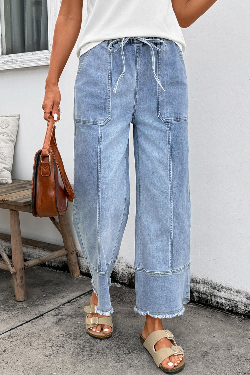 Beau Blue Drawstring Seam Detail Raw Hem Wide Leg Denim Pants - Loving It Shop