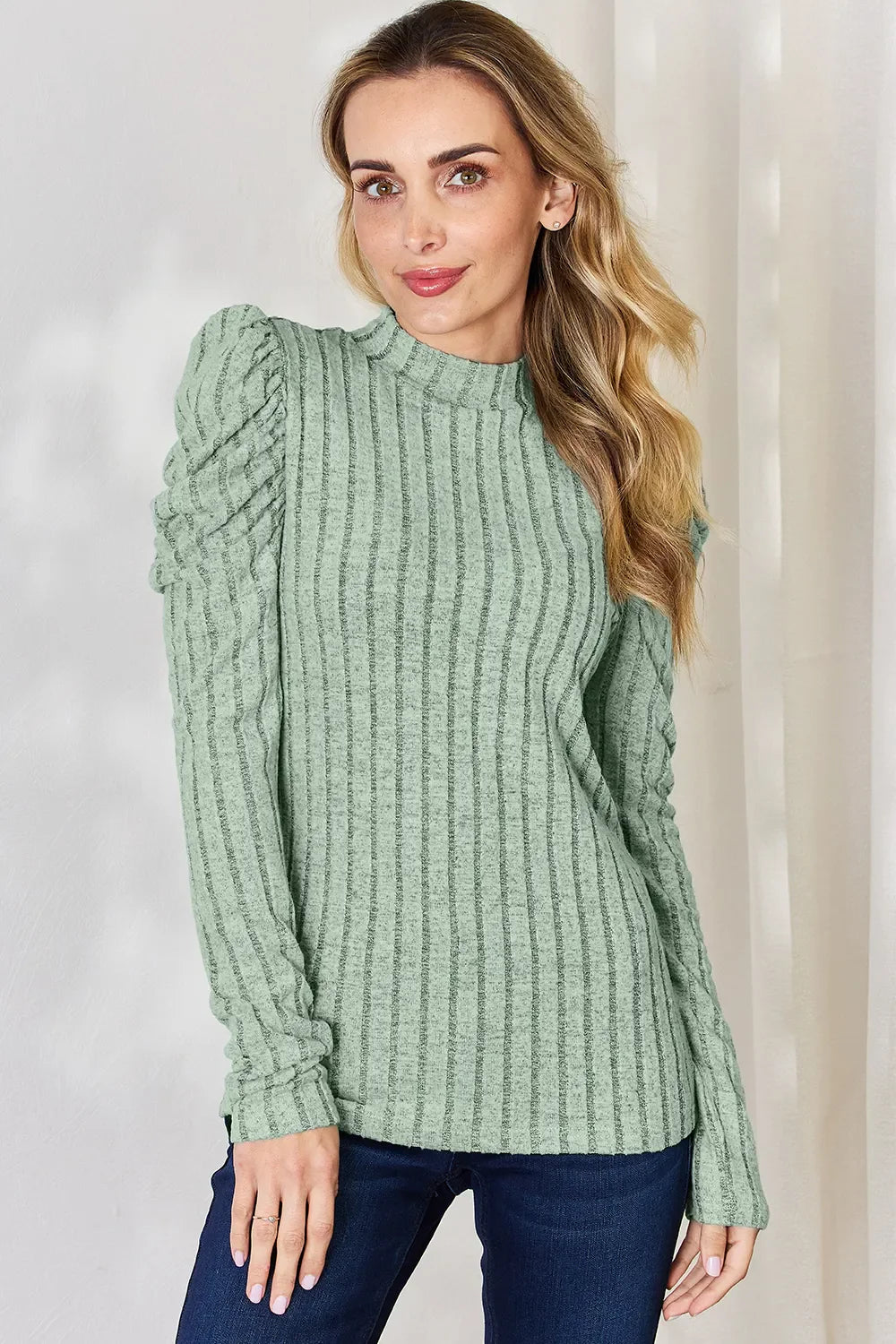 I am a Fashion junky Full Size Ribbed Mock Neck Puff Sleeve T-Shirt