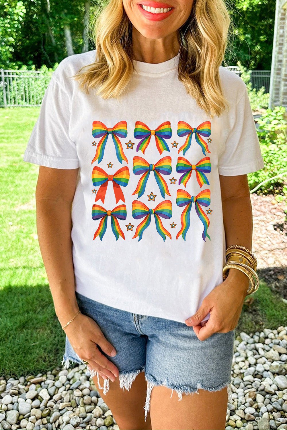 White Pride Bow Starry Print Cotton Blend T Shirt - Loving It Shop