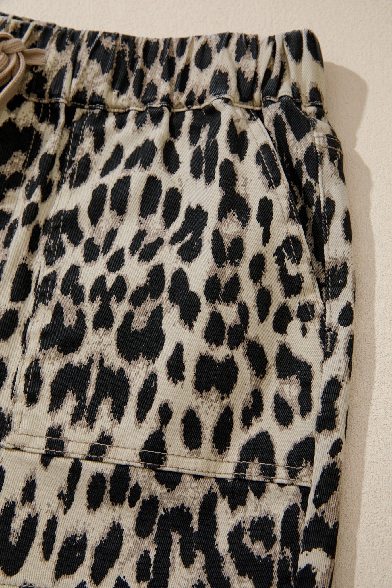 Brown Retro Leopard Print Lace - up Elastic Waistband Mid Rise Denim Shorts - Loving It Shop