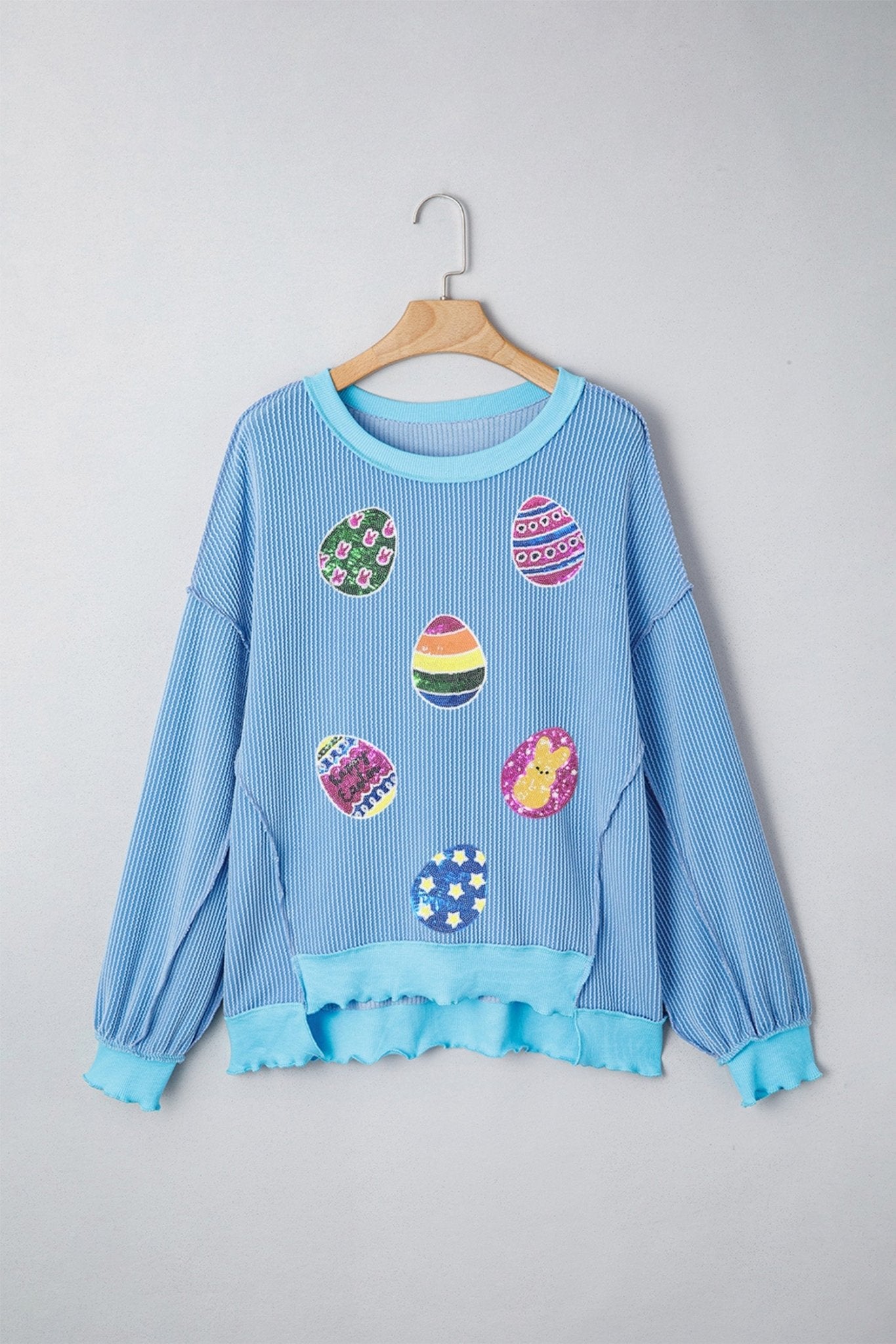 Myosotis Sequin Easter Eggs Twisted Rib Exposed Seam Color Block Top - Loving It Shop