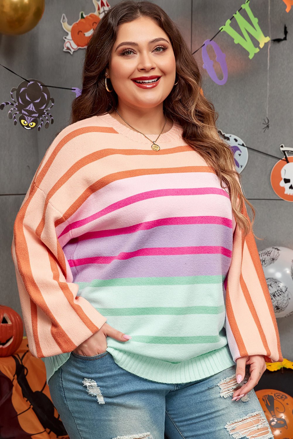 Pink Stripe Color Block Balloon Sleeve Crewneck Plus Size Sweater - Loving It Shop
