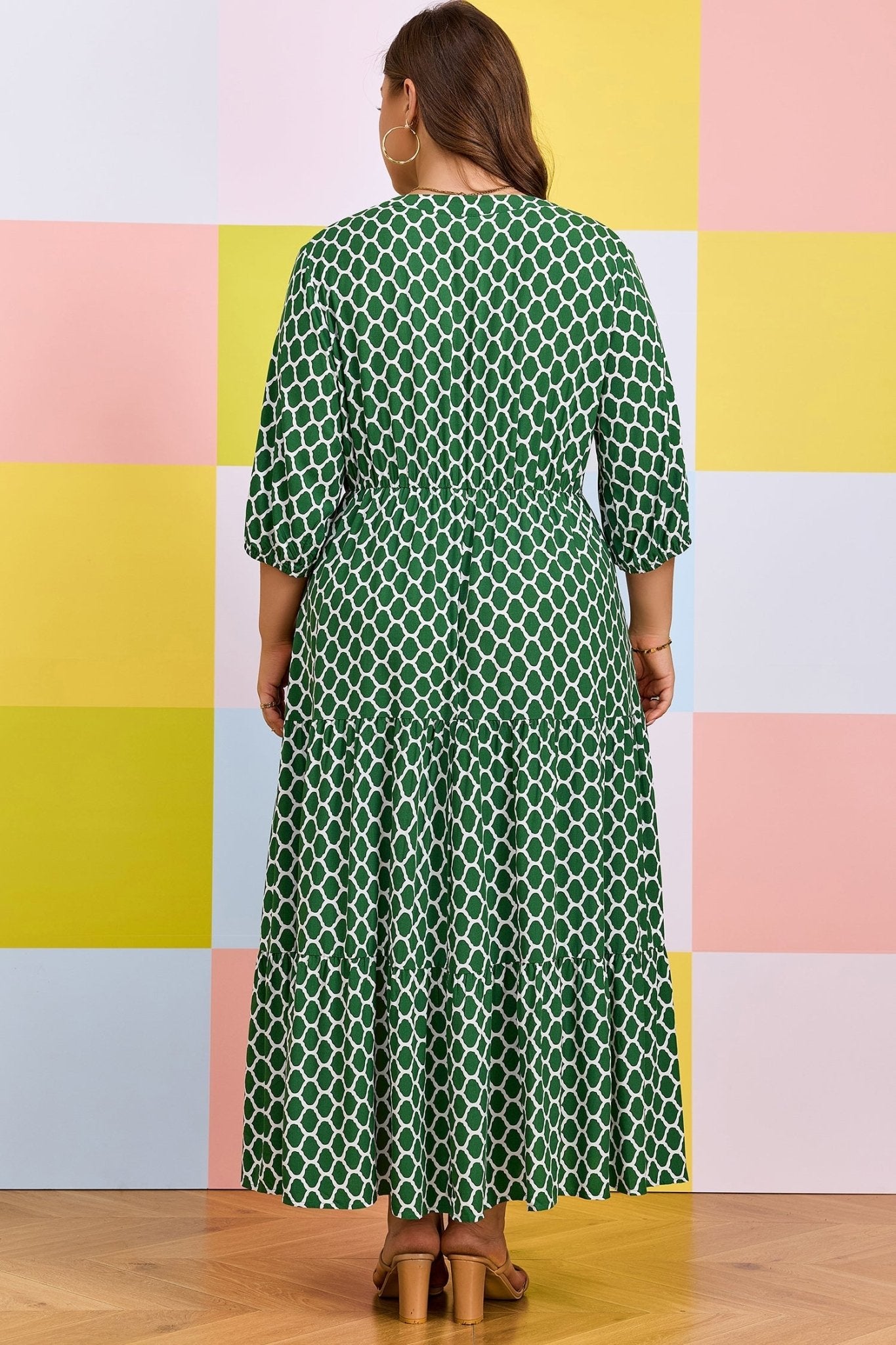 Green Plus Size Geometric Print Pocketed Ruffle Hem Casual Dress - Loving It Shop