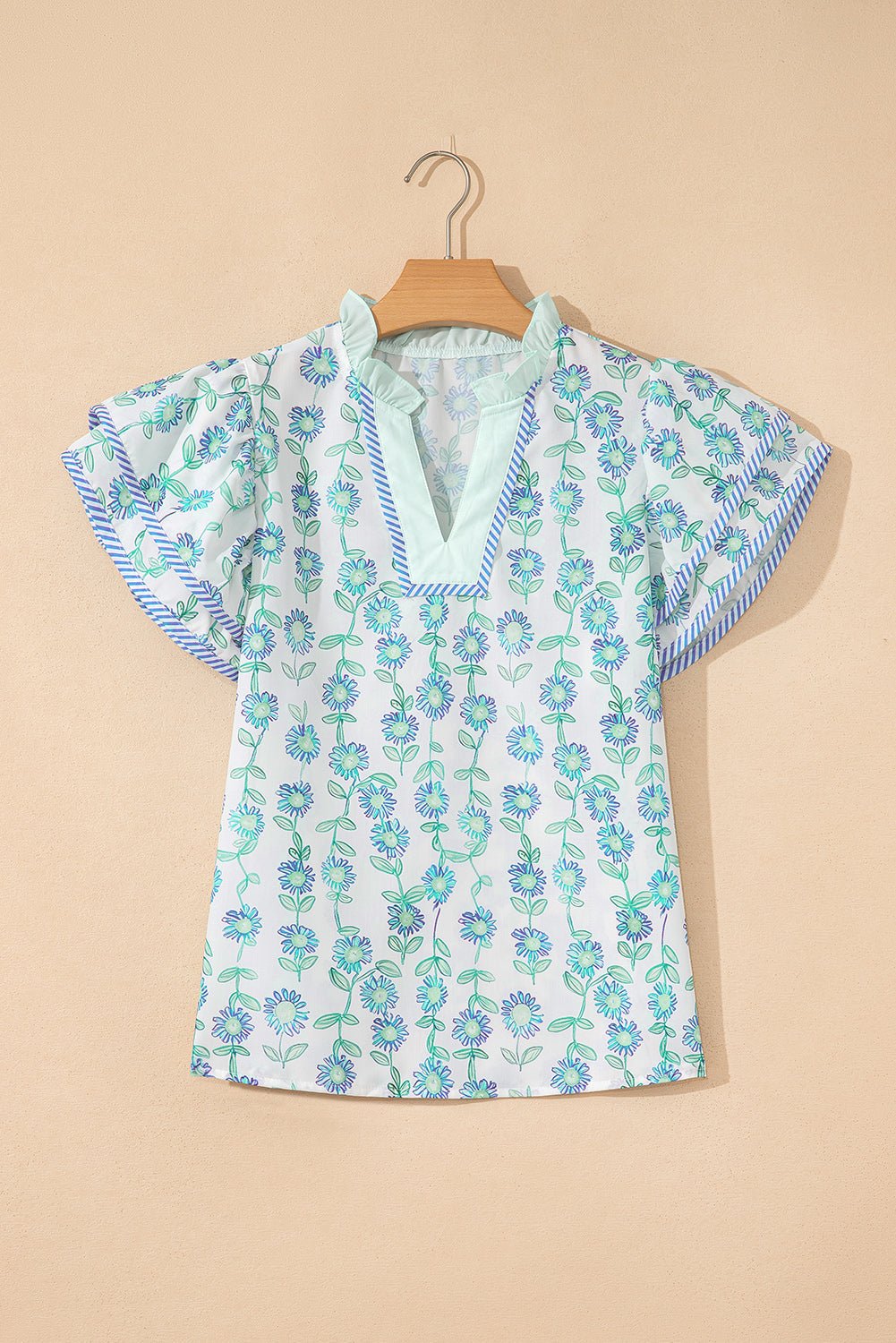 Green Floral Print Striped Detail Contrast V Neck Patchwork Flutter Sleeve Blouse - Loving It Shop