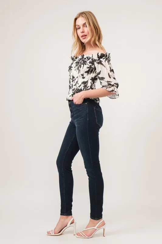 Smocked Off-Shoulder Floral Printed Top