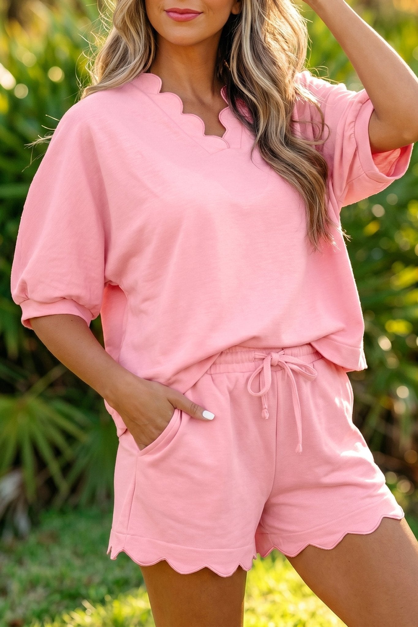 Gossamer Pink Scalloped V Neck Dolman Oversize Top Drawstring Short Set - Loving It Shop