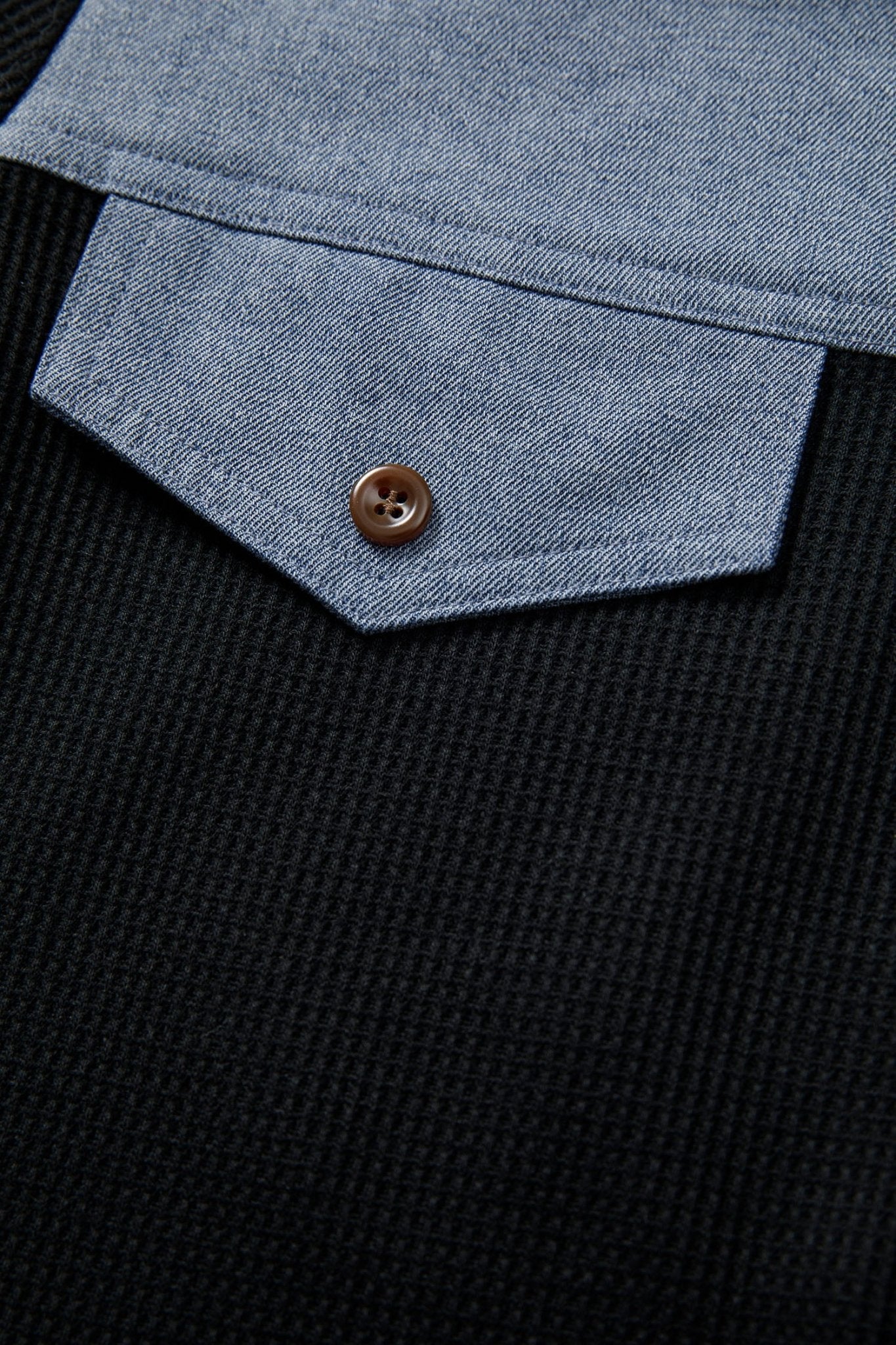 Black Waffle Knit Denim Color Block Patchwork Button Flap Polo Top - Loving It Shop