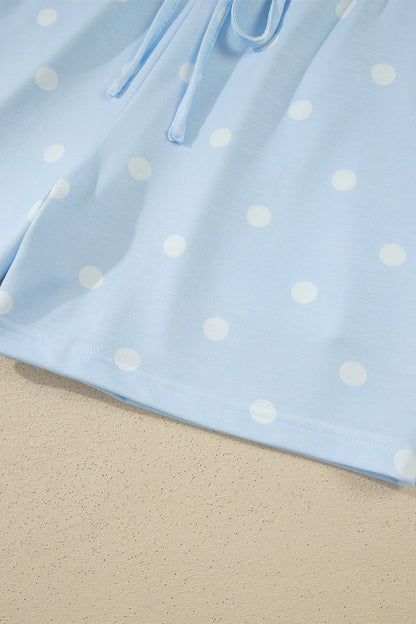 Sky Blue Exposed Seam Detail Polka Dot Loose Tee Drawstring Shorts Set - Loving It Shop