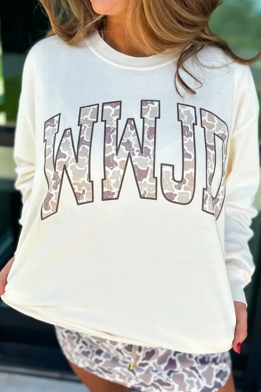 White WWJD Camo Letter Printed Long Sleeve Top - Loving It Shop