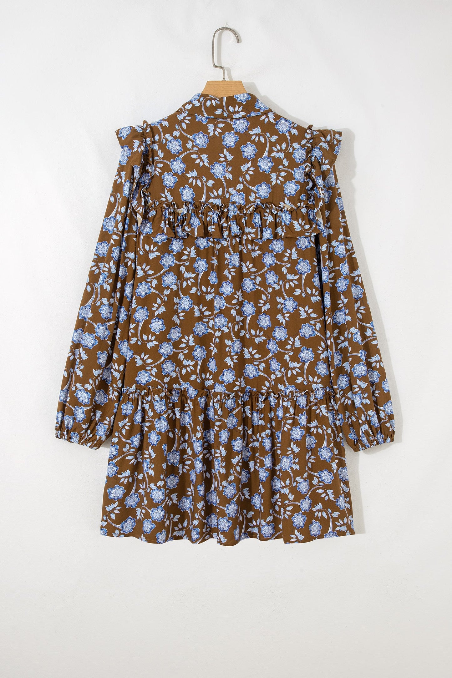 Brown Floral Print Ruffled Detail Shirt Collar Button Down Long Sleeve Dress
