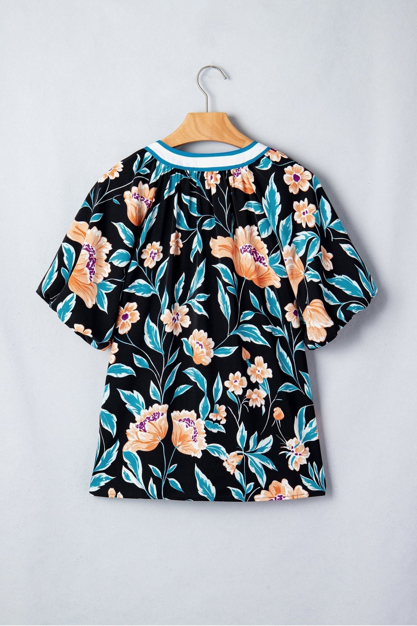 Black Floral Short Bubble Sleeve Buttoned Notched Neck Blouse - Loving It Shop