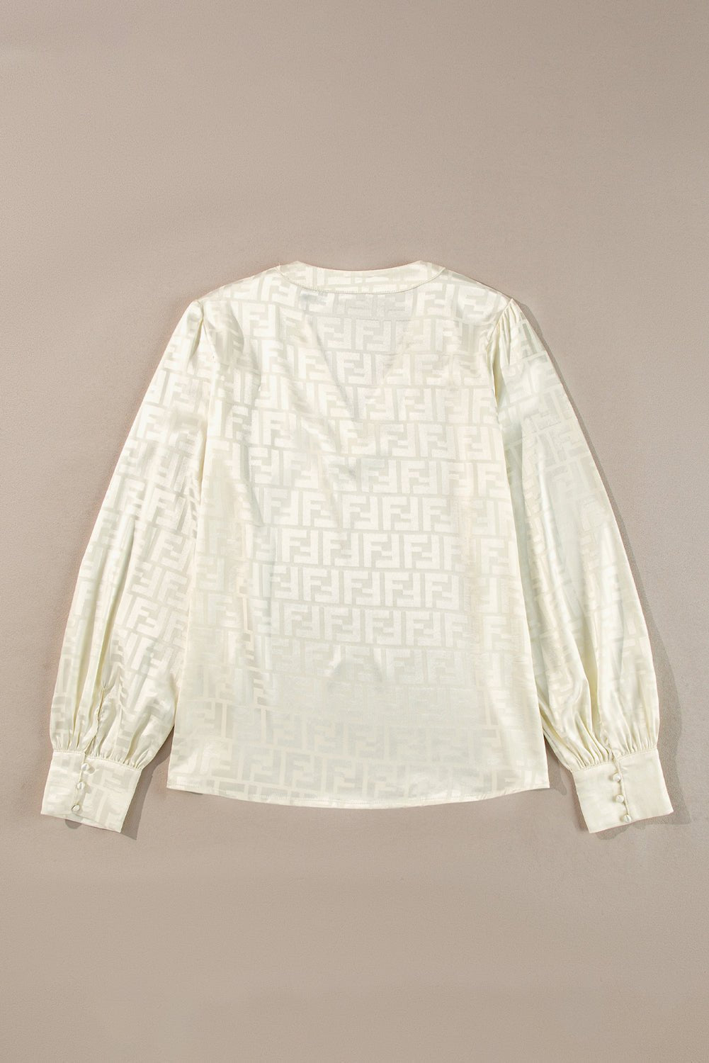 Oatmeal Geometric Jacquard V Neck Bishop Sleeve Blouse - Loving It Shop