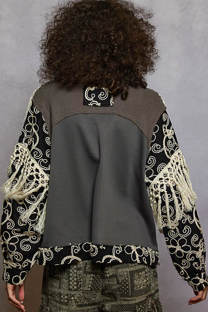 Contrast Floral Embroidery Balloon Sleeve Top with Tassel Trim