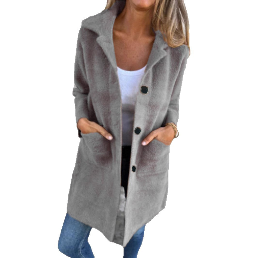 Single-breasted Polo Collar Pocket Mid-length Coat