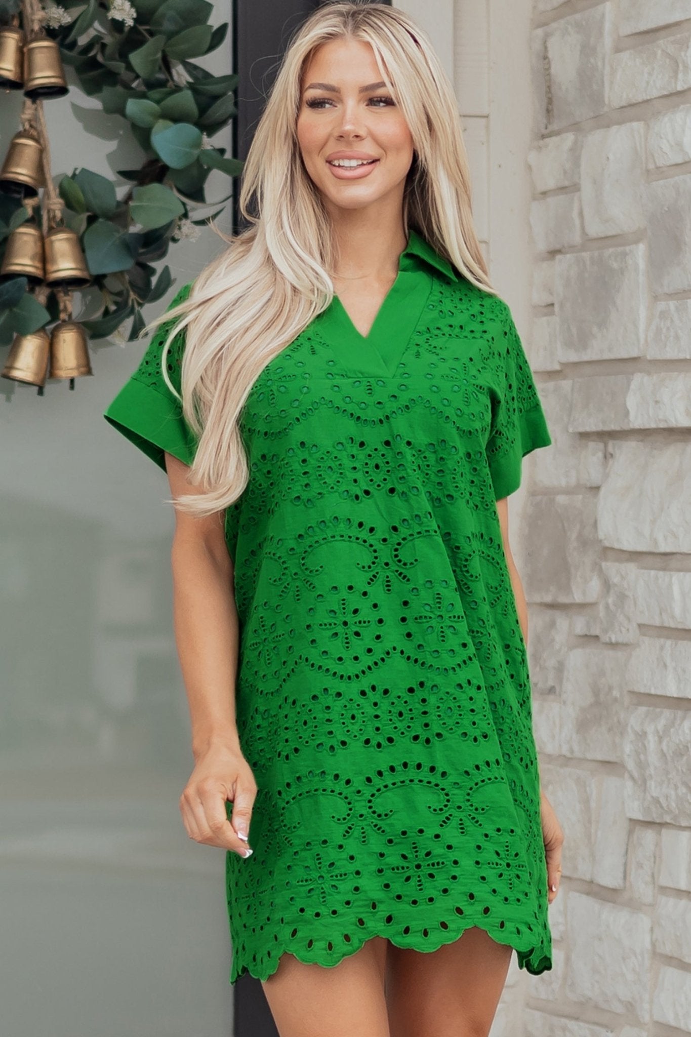 Green Solid Color Eyelet Embroidered T Shirt Mini Dress - Loving It Shop