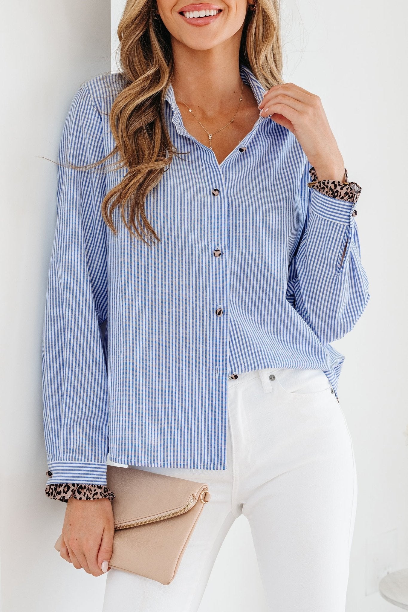 Sky Blue Stripe Contrast Frilled Leopard Trim Casual Long Sleeve Shirt - Loving It Shop