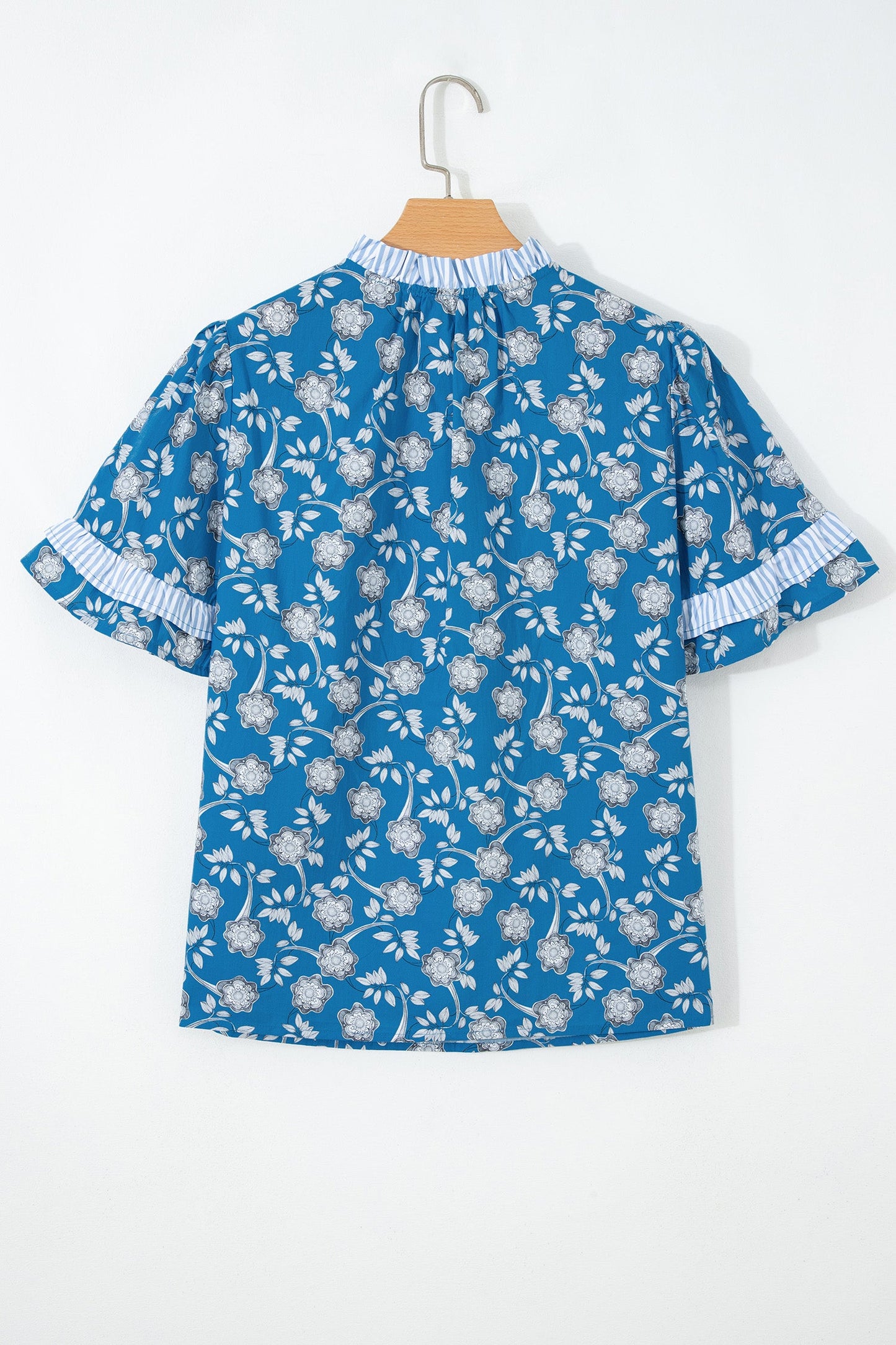Blue Floral Print Button Tie Neck Striped Detail Short Sleeve Blouse