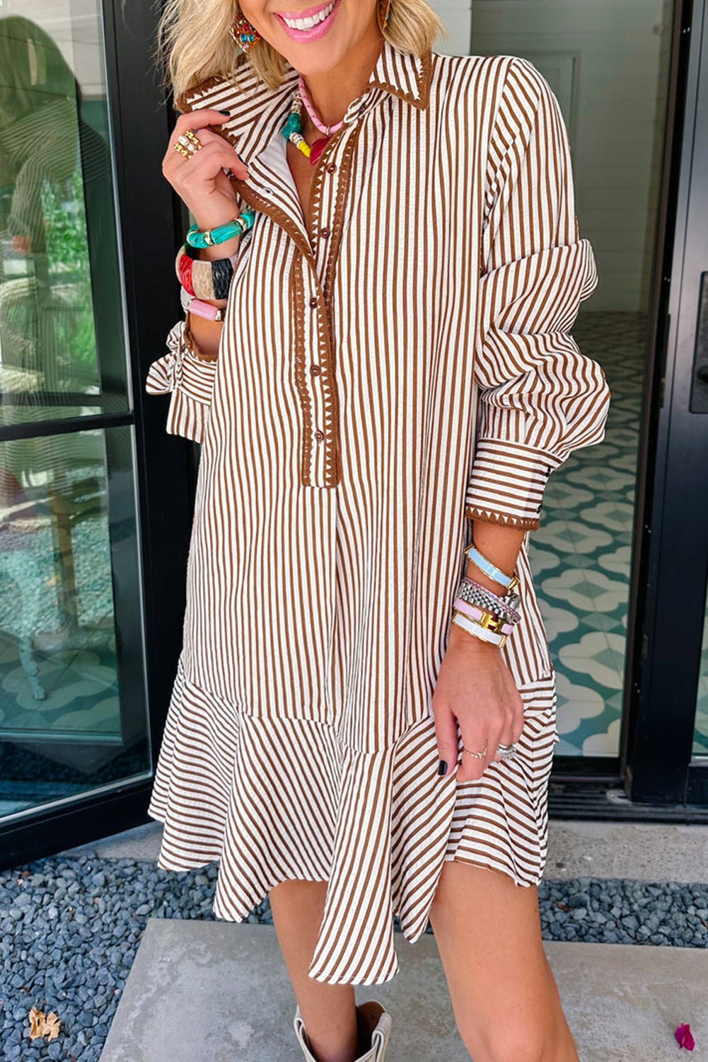 Khaki Stripe Shirt Collar Embroidered Trim Ruffle Hem Long Sleeve Mini Dress - Loving It Shop