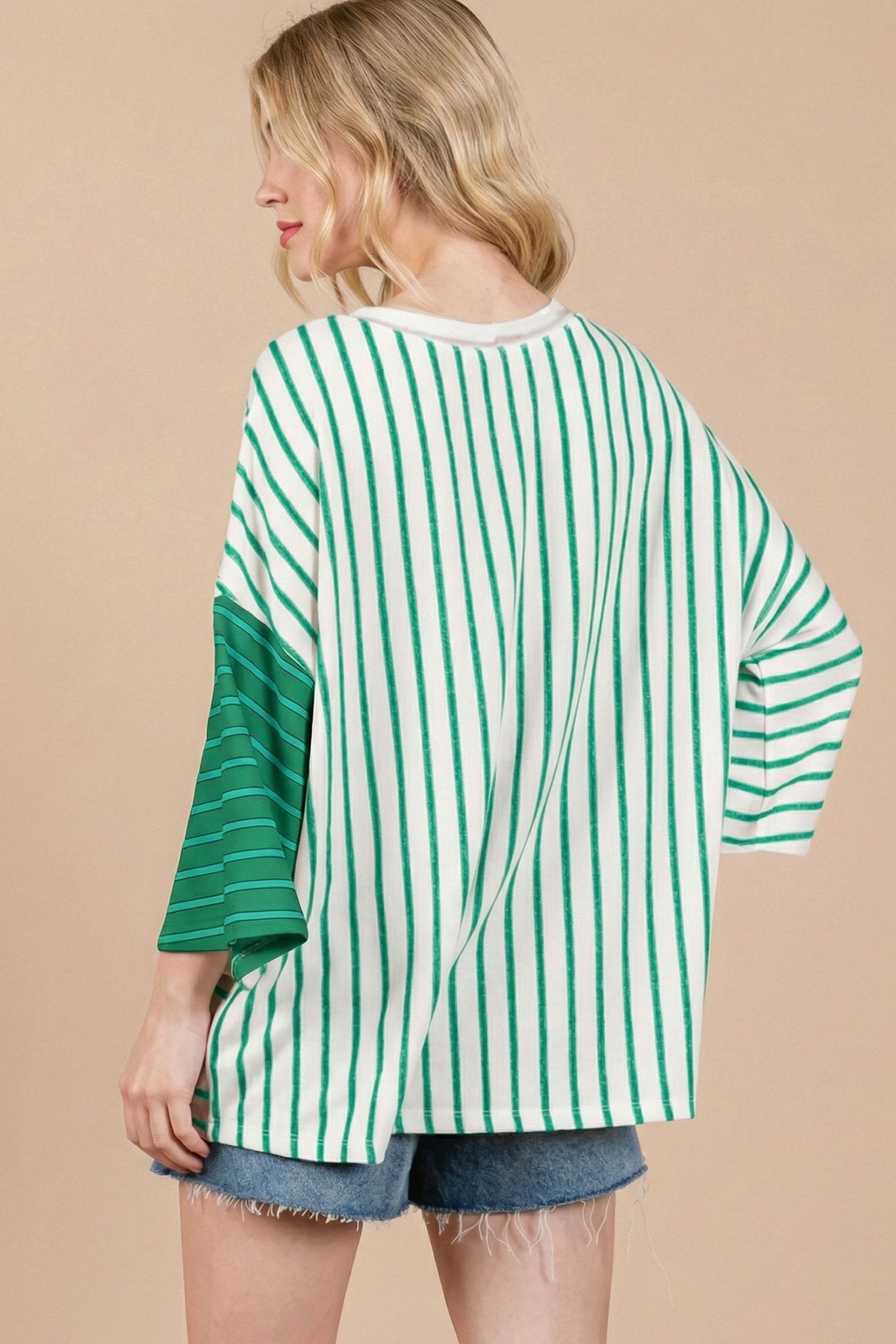 Green Stripe Colorblock 3/4 Sleeve Loose T Shirt - Loving It Shop