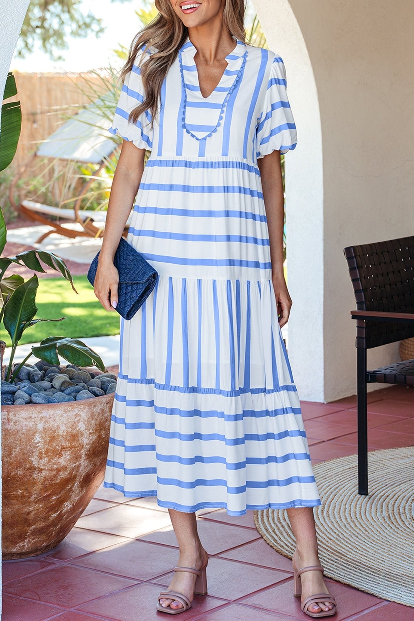 Sky Blue Stripe Ricrac Trim Notched Neck Half Sleeve Vacation Dress - Loving It Shop
