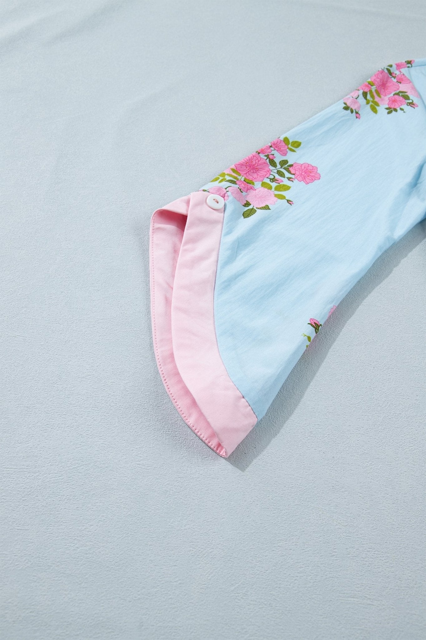 Sky Blue Floral Print Button Cuffed 3/4 Sleeve Round Neck Blouse - Loving It Shop