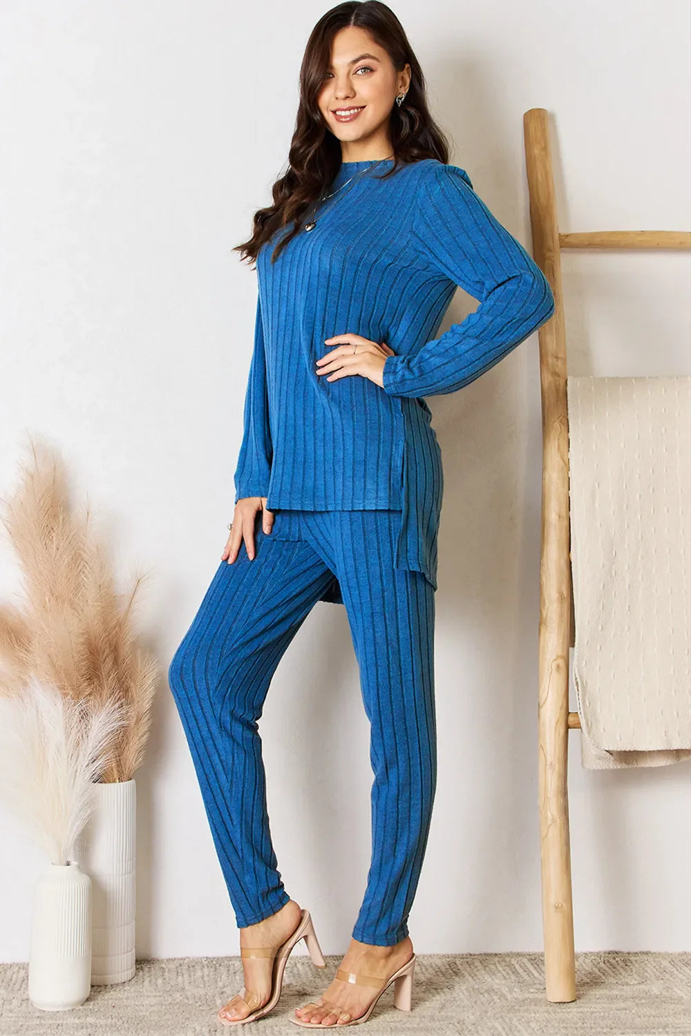 I am a Fashion Junky Full Size Ribbed Round Neck High-Low Slit Top and Pants Set