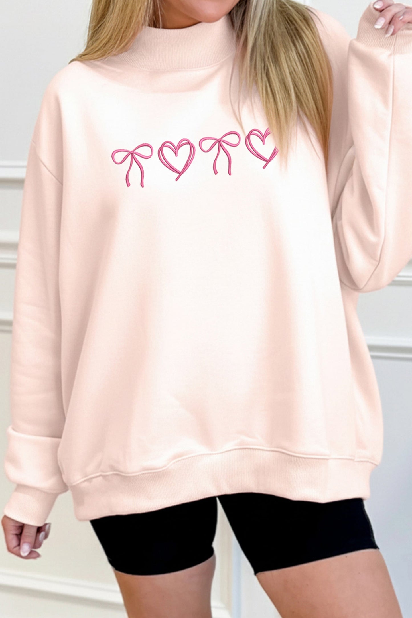 Apricot Pink Valentines Bow Heart Embroidered Mock Neck Sweatshirt - Loving It Shop