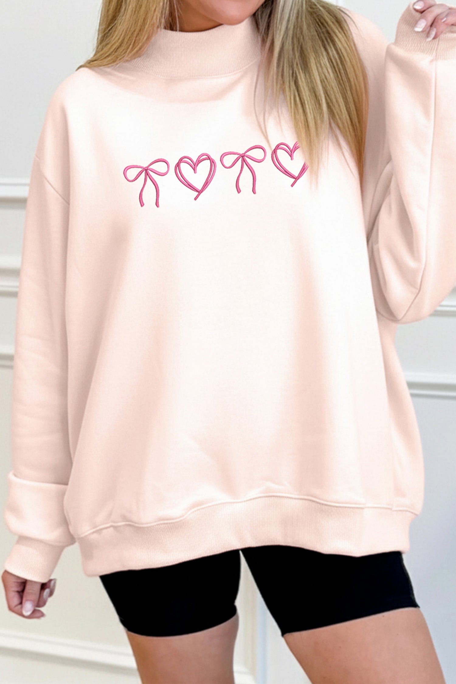 Apricot Pink Valentines Bow Heart Embroidered Mock Neck Sweatshirt - Loving It Shop