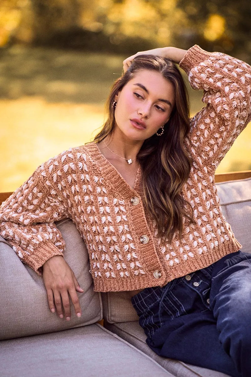 Soft Chenille Yarn Textur Button Sweater Cardigan