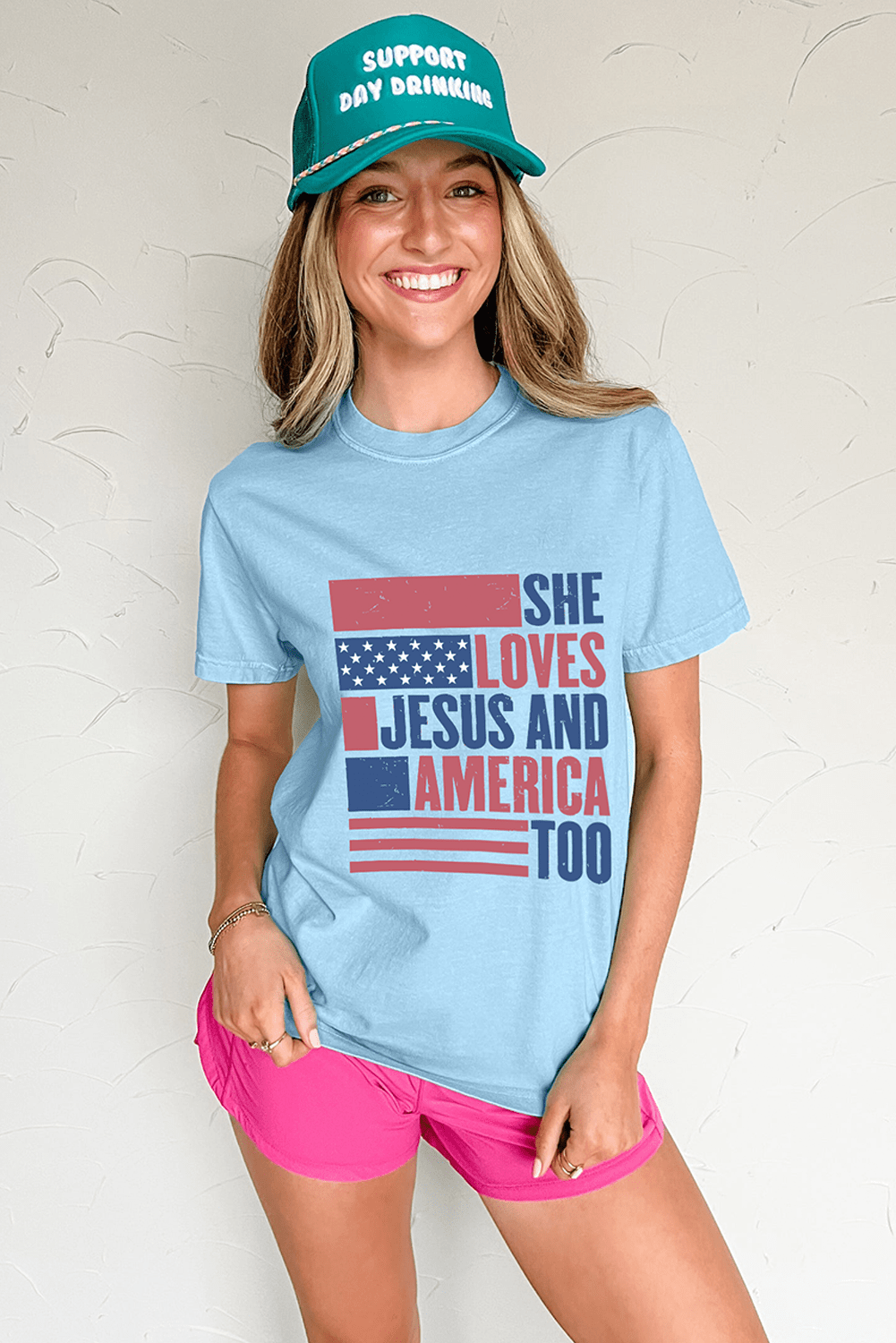 Light Blue SHE LOVES JESUS AND AMERICA TOO Flag Graphic T Shirt - Loving It Shop